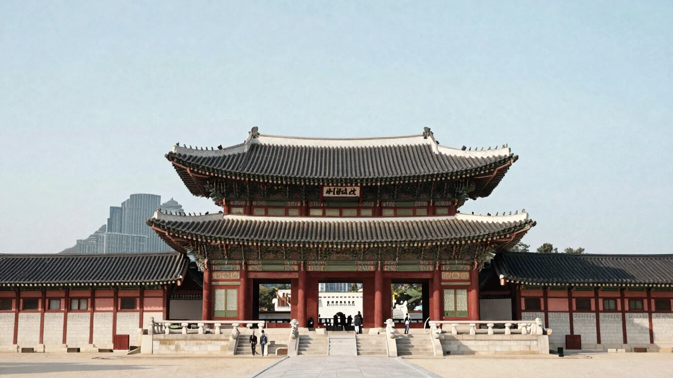 Gyeongbokgung palace main gate framed in soft daylight with moder