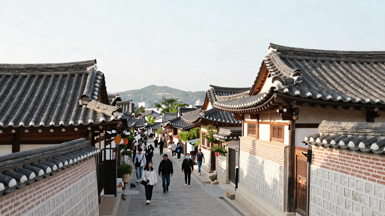 Traditional hanok rooftops in Bukchon village at soft daylight, t