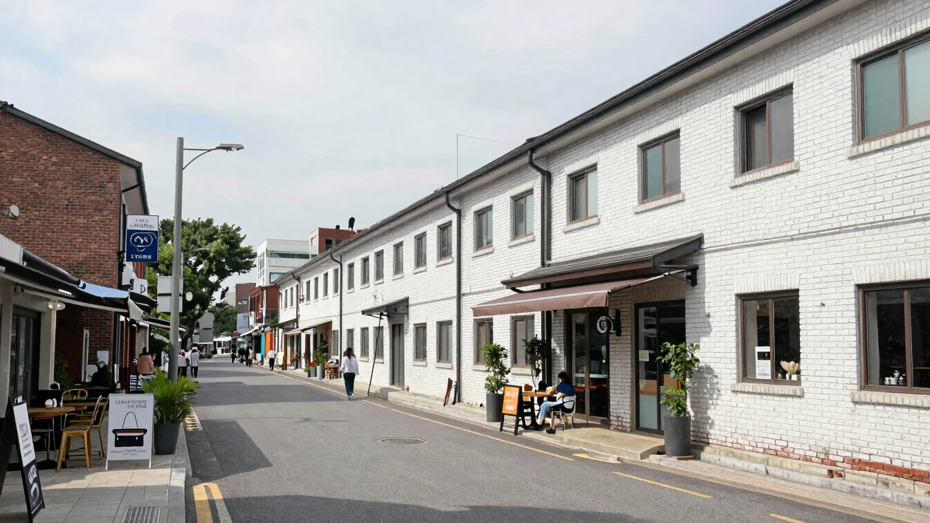 Converted brick warehouse street in Seongsu-dong with cafés and p