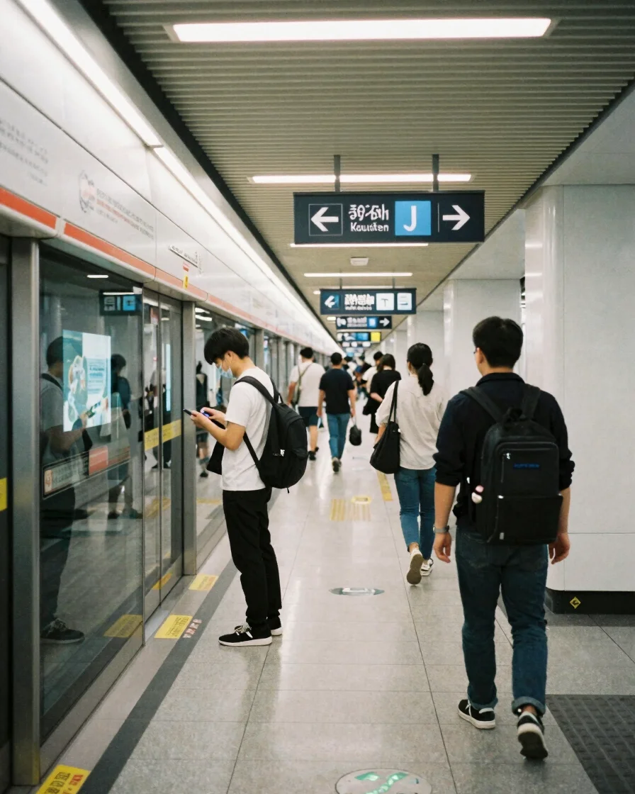 Seoul subway platform with clean signage and commuters at soft da