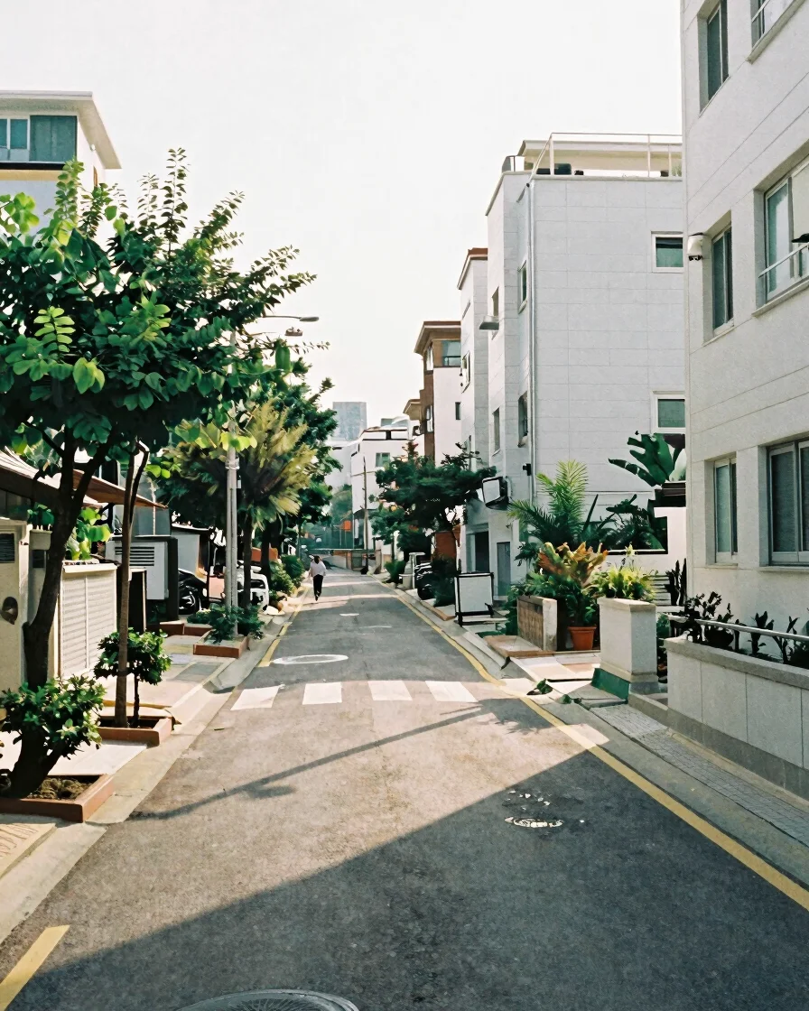 Quiet Seoul residential street at soft morning daylight, low-rise