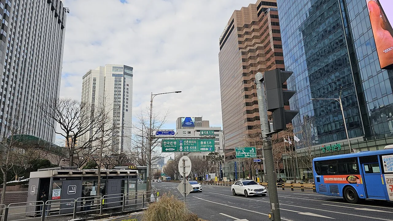 Downtown Seoul skyline along Euljiro near Euljiro 1-ga Station