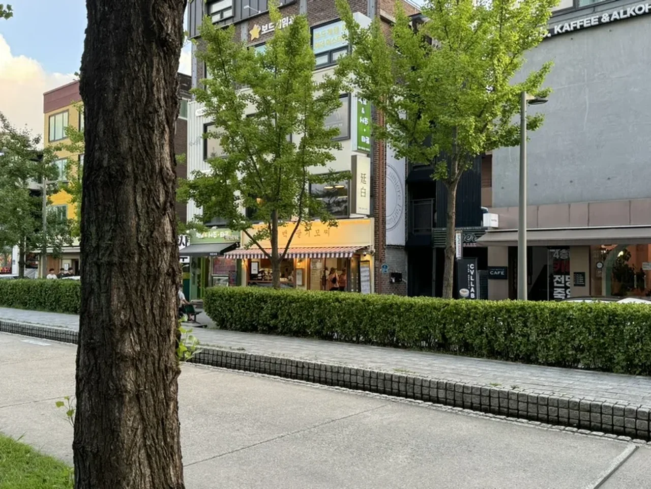A tree-lined street in Yeonnam-dong beside the Gyeongui Line Forest Park, with cafés on the ground floor