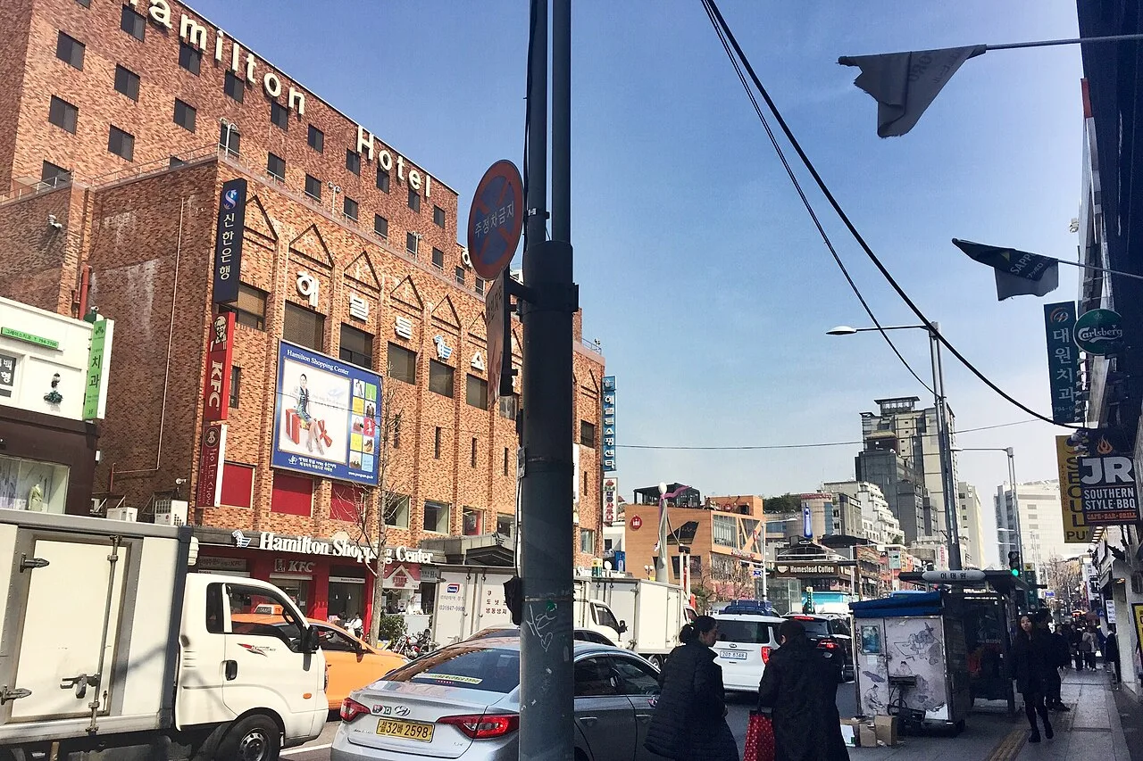 The Hamilton Hotel building on Itaewon's main street