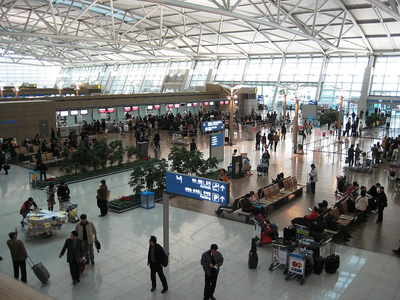 Check-in counters in the departure hall at Incheon International Airport