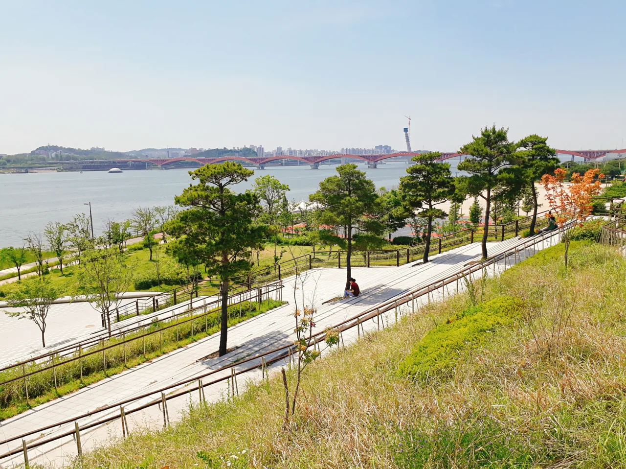 Lawn and walking paths at Mangwon Hangang Park by the Han River in Seoul