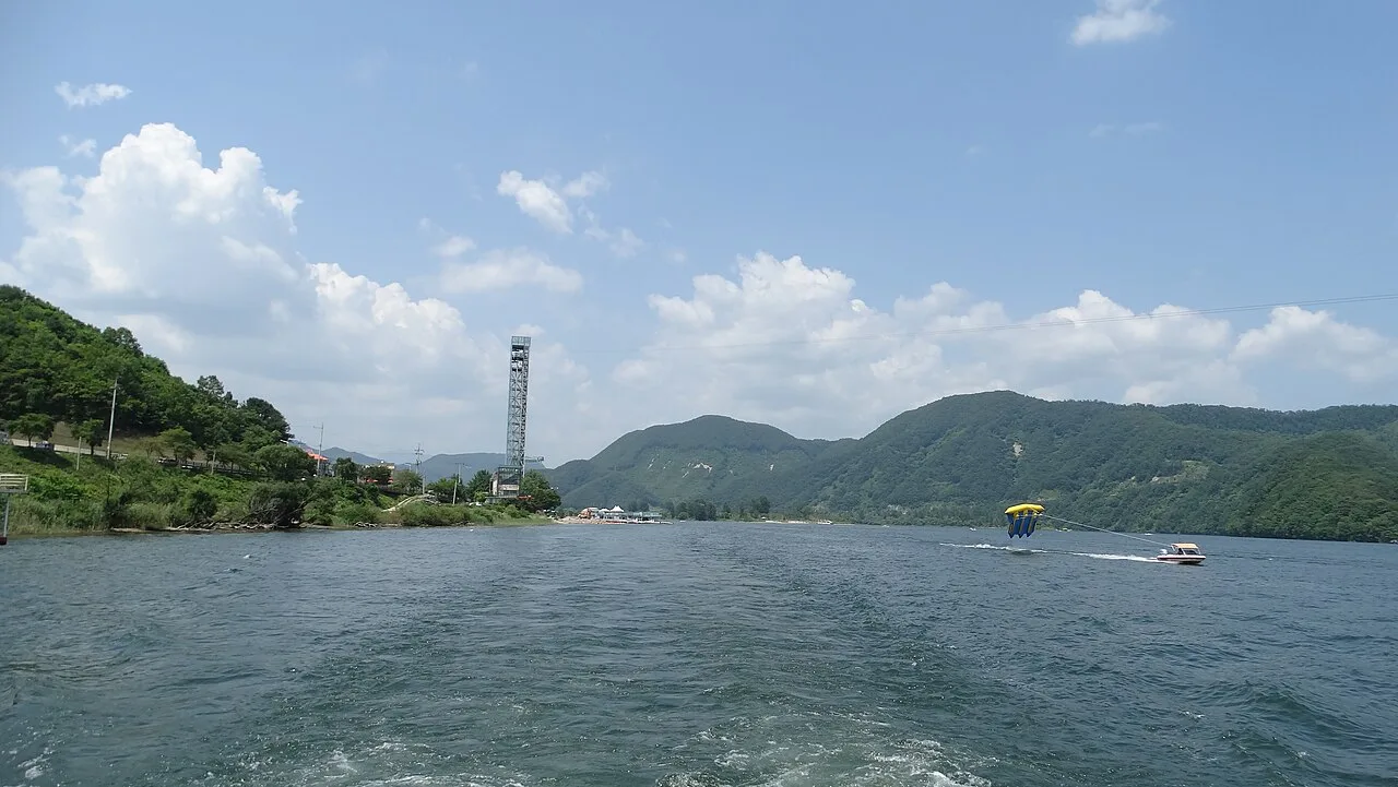 View of the North Han River and wooded hills from the boat to Nami Island