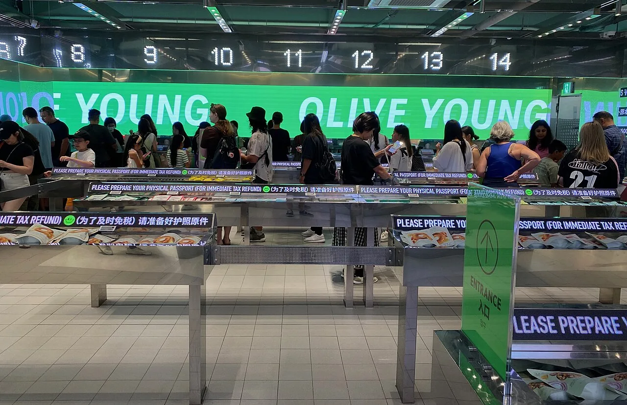 Long tax refund counter at Olive Young Myeongdong with multilingual signs
